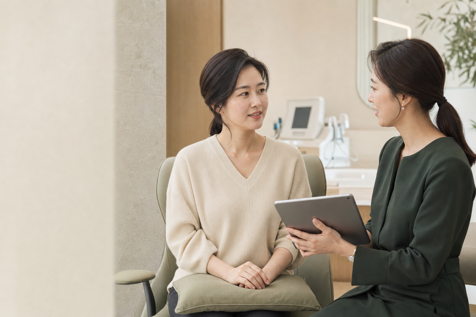 밝은 상담실에서 상담 코디네이터와 방문자가 이야기를 나누는 장면